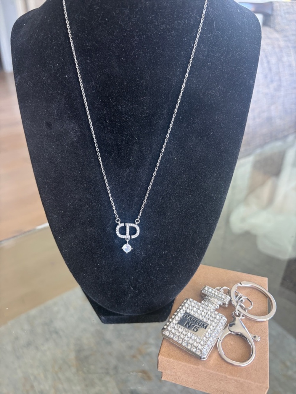 Silver 925 Pendant Necklace with Crystal Drop/ bag charm